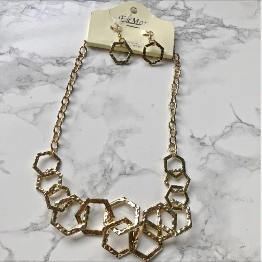 2/$30 Gold Geometric Statement Necklace Earrings Set - Picture 2 of 3